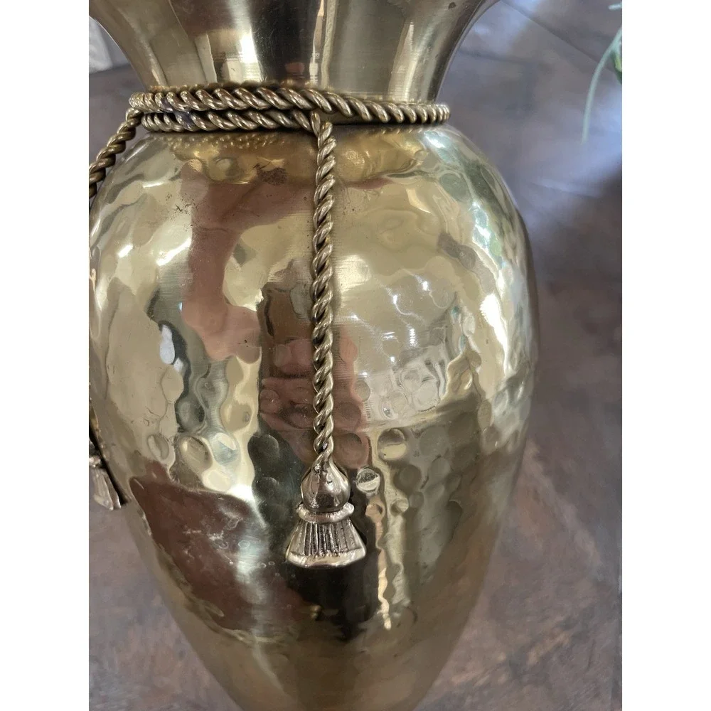 Vtg Hammered Brass Planter Urn Vase  Rope Tassel Design 10.25